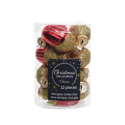 Lot de 12 boules de Noël "Gland" rouge avec paillettes dorées