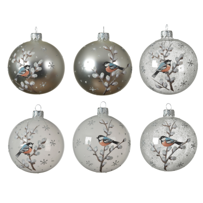 Lot de 6 boules de Noël transparentes avec oiseau