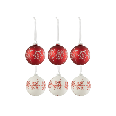Lot de 6 boules de Noël "Flocon" rouge et blanc