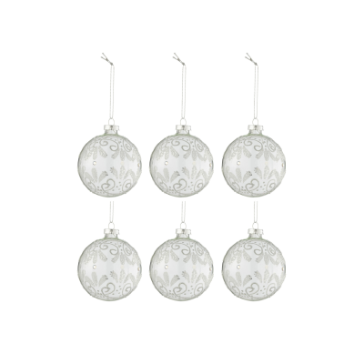 Lot de 6 boules de Noël transparentes avec dessins argentés