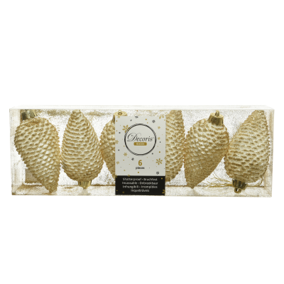 Lot de 6 boules de Noël "Pomme de pin" blanc laine à paillettes